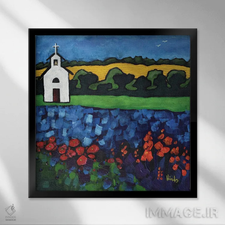 تابلو کلیسای سفید کوچک انتزاعی اثر دیویدای هینْدز - نمای قابدار مشکی