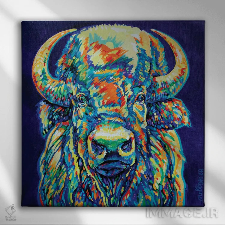 تابلو بایسون شاخدار بزرگ اثر دریک هیگینز - نمای روبهرو روی دیوار