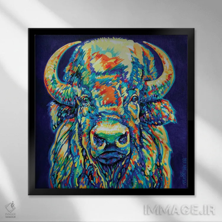 تابلو بایسون شاخدار بزرگ اثر دریک هیگینز - نمای قابدار مشکی
