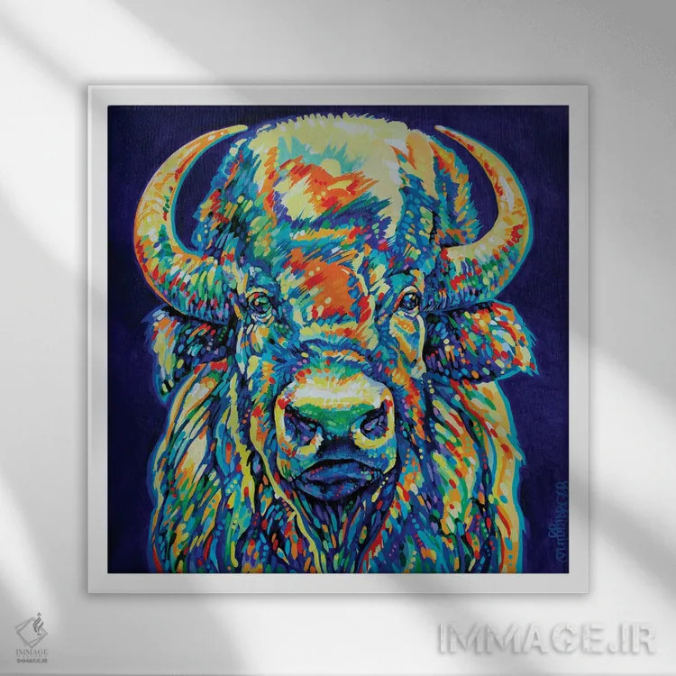 تابلو بایسون شاخدار بزرگ اثر دریک هیگینز - نمای قابدار سفید