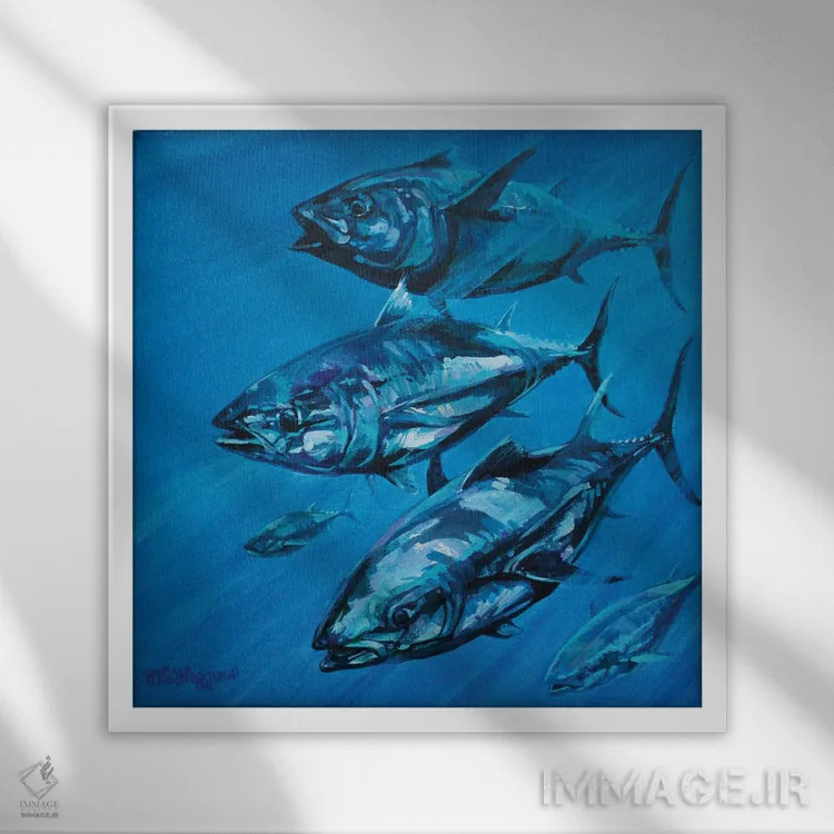 تابلو آبی بر آبی اثر دریک هیگینز - نمای قابدار سفید