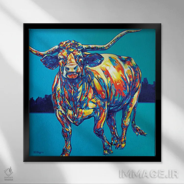 تابلو شتردار تگزاس (گاو شاخبلند تگزاس) اثر دریک هیگینز - نمای قابدار مشکی