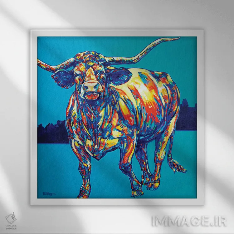 تابلو شتردار تگزاس (گاو شاخبلند تگزاس) اثر دریک هیگینز - نمای قابدار سفید
