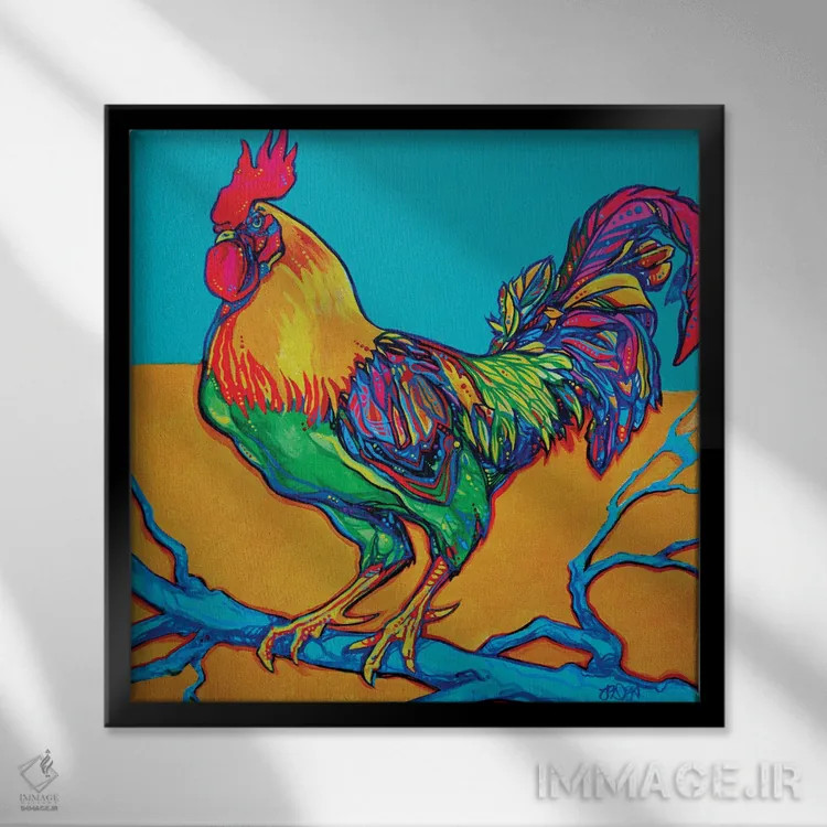 تابلو خروس نشسته بر جایگاه اثر دریک هیگینز - نمای قابدار مشکی