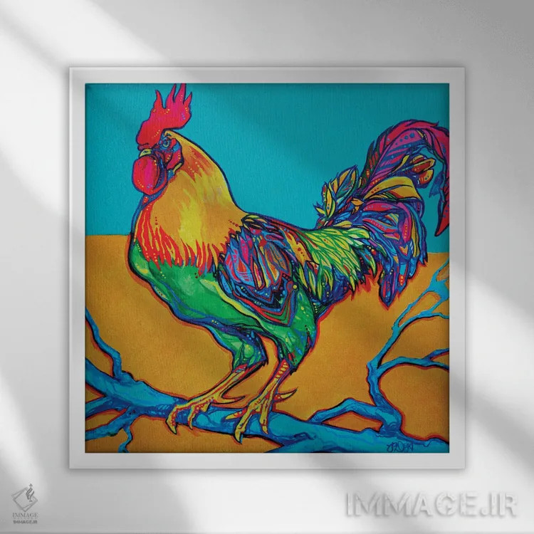 تابلو خروس نشسته بر جایگاه اثر دریک هیگینز - نمای قابدار سفید