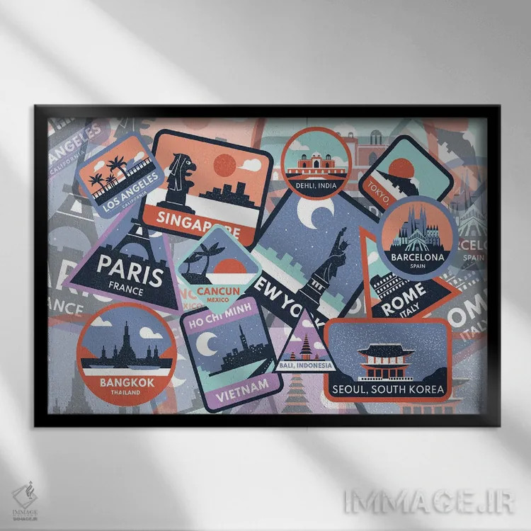 تابلو هنر برچسبهای سفر قدیمی بر چمدان اثر پیج ترنر - نمای قابدار مشکی