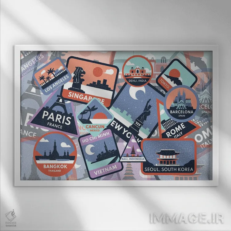 تابلو هنر برچسبهای سفر قدیمی بر چمدان اثر پیج ترنر - نمای قابدار سفید