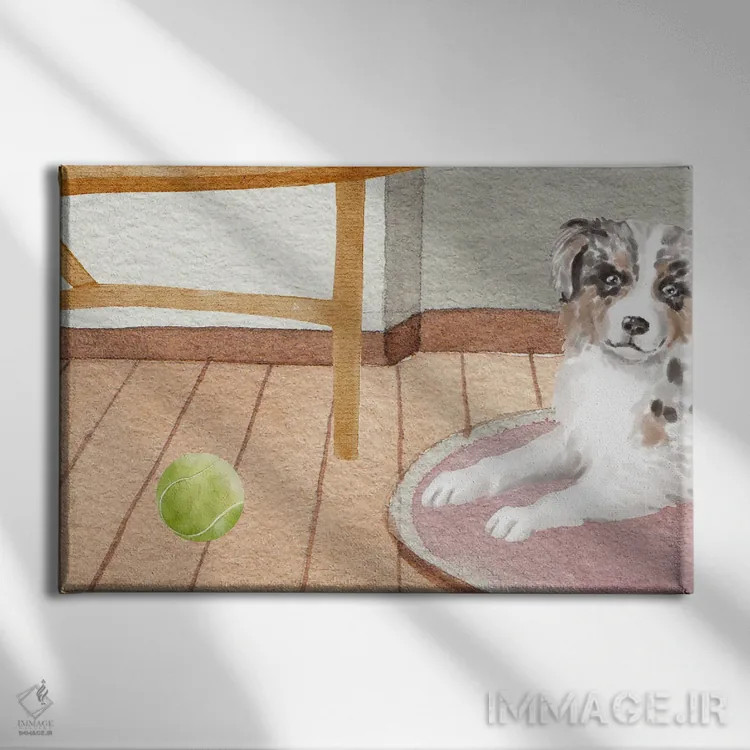 تابلو سگ و توپ تنیس اثر پیج ترنر - نمای روبهرو روی دیوار