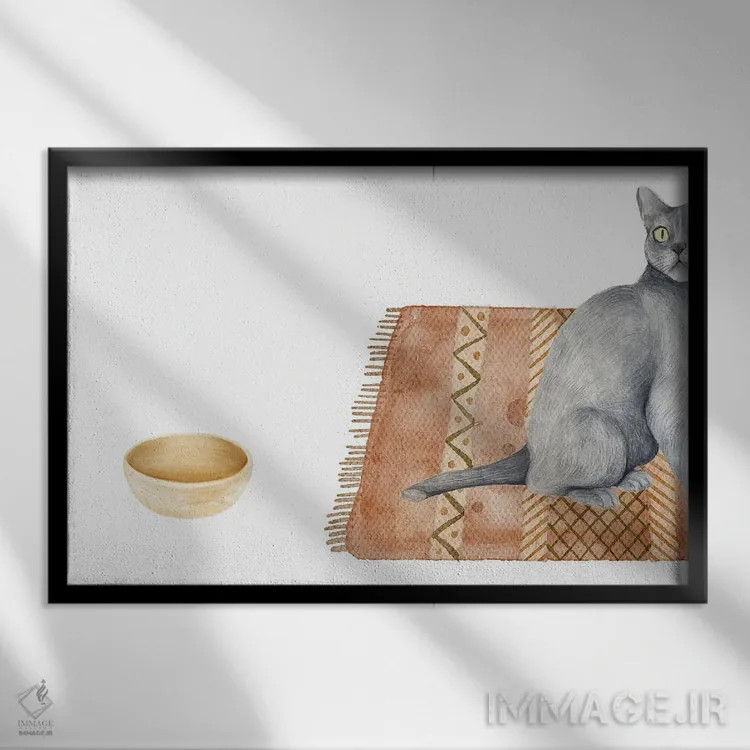 تابلو گربه و کاسهٔ خالی اثر پیج ترنر - نمای قابدار مشکی