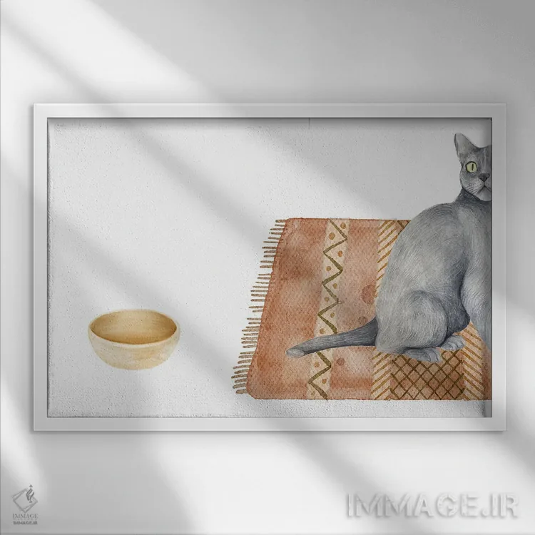 تابلو گربه و کاسهٔ خالی اثر پیج ترنر - نمای قابدار سفید