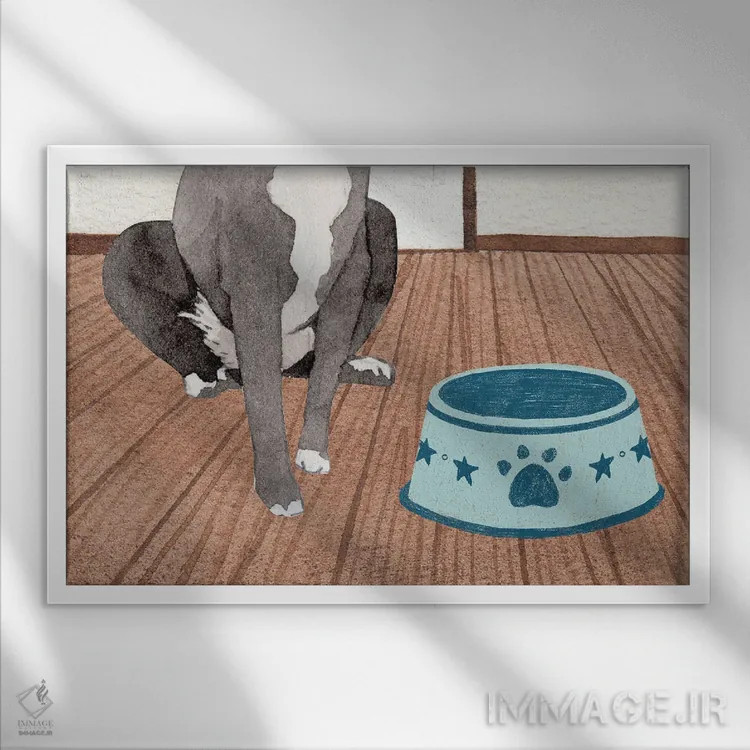 تابلو سگ و کاسهٔ خالی اثر پیج ترنر - نمای قابدار سفید