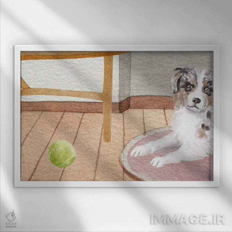 تابلو سگ و توپ تنیس اثر پیج ترنر - نمای قابدار سفید
