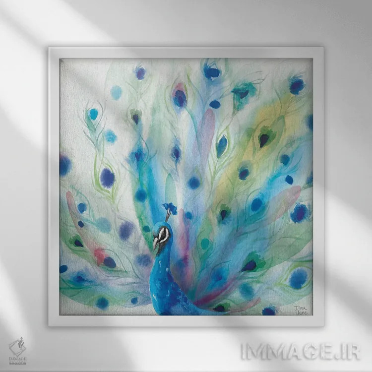 تابلو شکوه طاووس V اثر باورا جون - نمای قابدار سفید