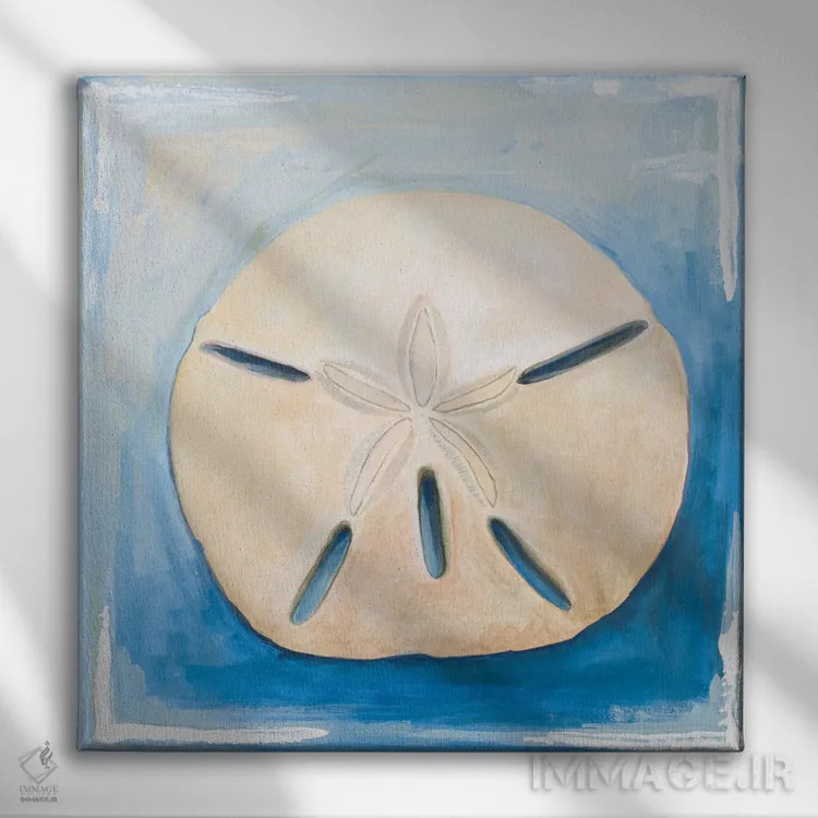 تابلو سکه شنی روی زمینهٔ آبی اثر دیانآرت (نام هنری) - نمای روبهرو روی دیوار