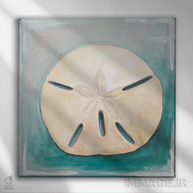 تابلو سکه شنی روی زمینهٔ آبیِ دودی اثر دیانآرت (نام هنری) - نمای روبهرو روی دیوار