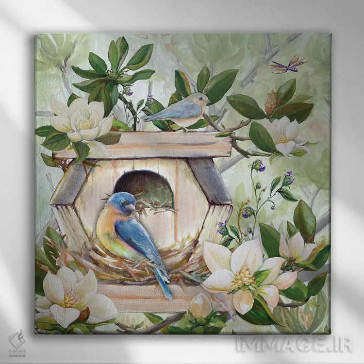 تابلو لانهٔ پرندگان I اثر دیانآرت (نام هنری) - نمای روبهرو روی دیوار