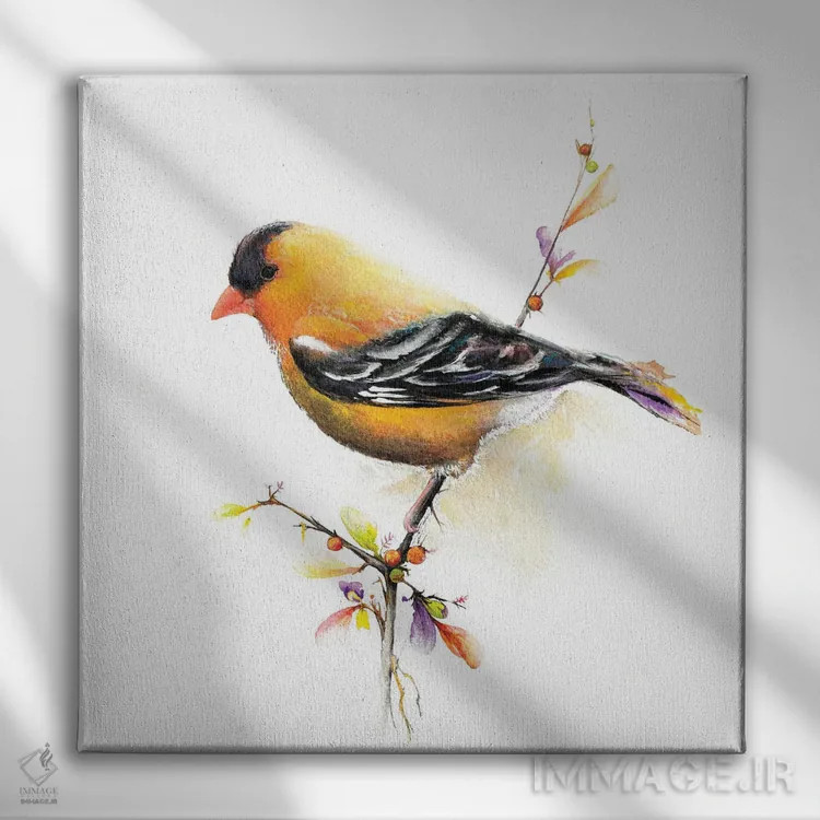 تابلو چیکدی با آبرنگ III (نوعی پرنده) اثر دیانآرت (نام هنری) - نمای روبهرو روی دیوار