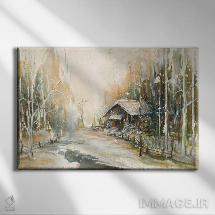 تابلو کلبه در جنگل برفی اثر دیانآرت (نام هنری) - نمای روبهرو روی دیوار