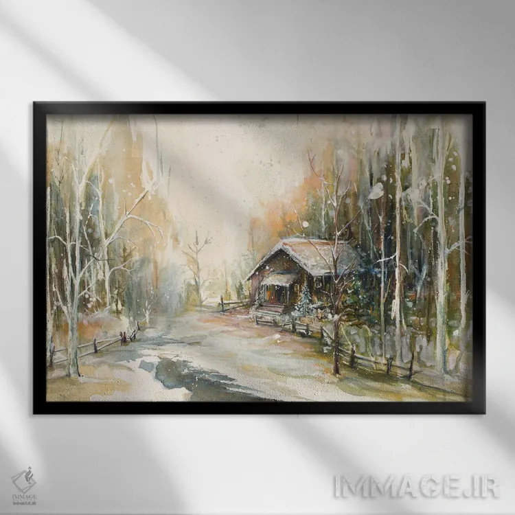 تابلو کلبه در جنگل برفی اثر دیانآرت (نام هنری) - نمای قابدار مشکی
