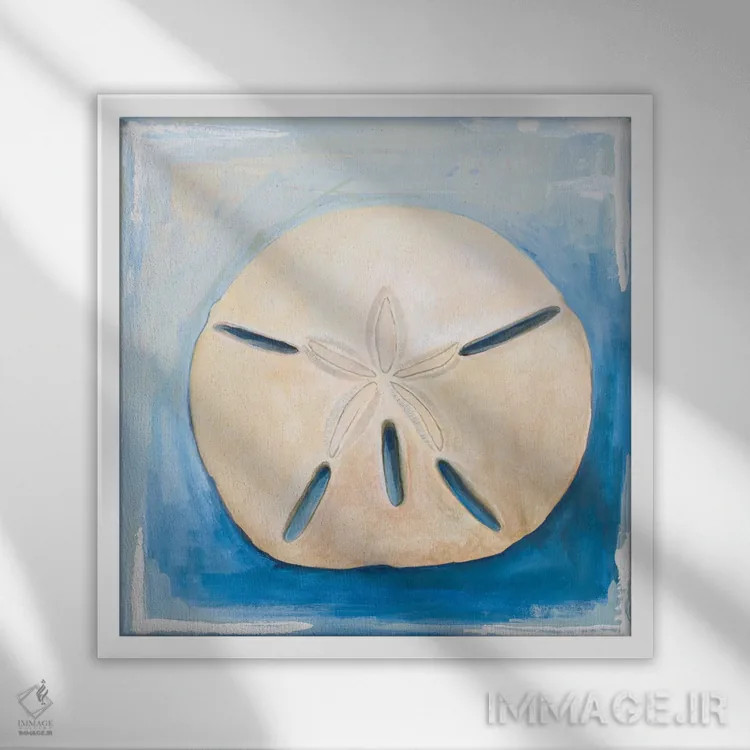 تابلو سکه شنی روی زمینهٔ آبی اثر دیانآرت (نام هنری) - نمای قابدار سفید