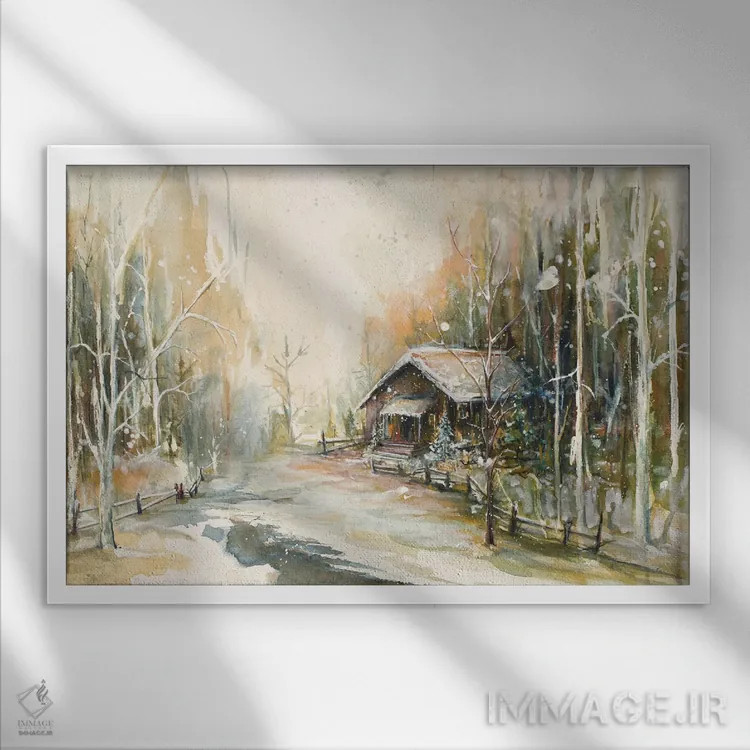 تابلو کلبه در جنگل برفی اثر دیانآرت (نام هنری) - نمای قابدار سفید