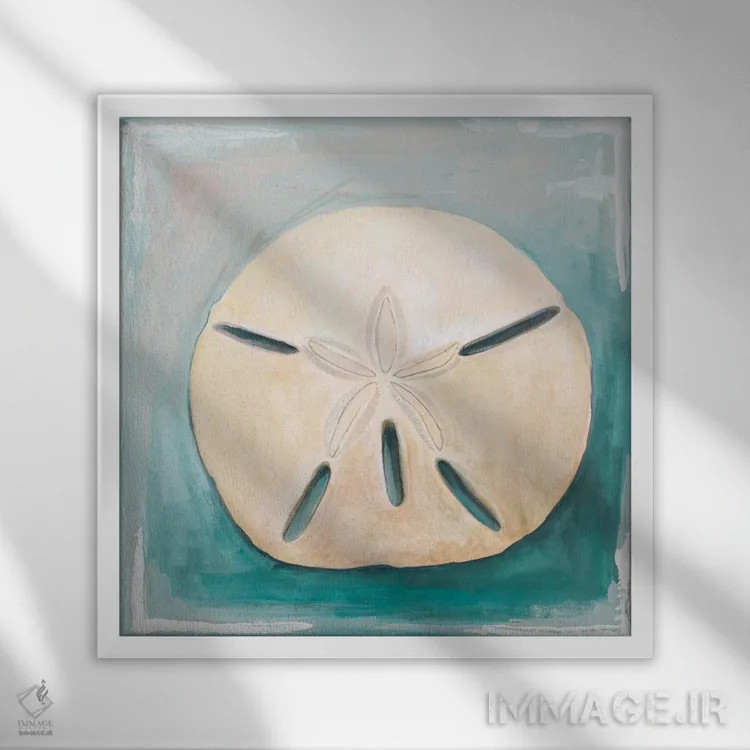 تابلو سکه شنی روی زمینهٔ آبیِ دودی اثر دیانآرت (نام هنری) - نمای قابدار سفید