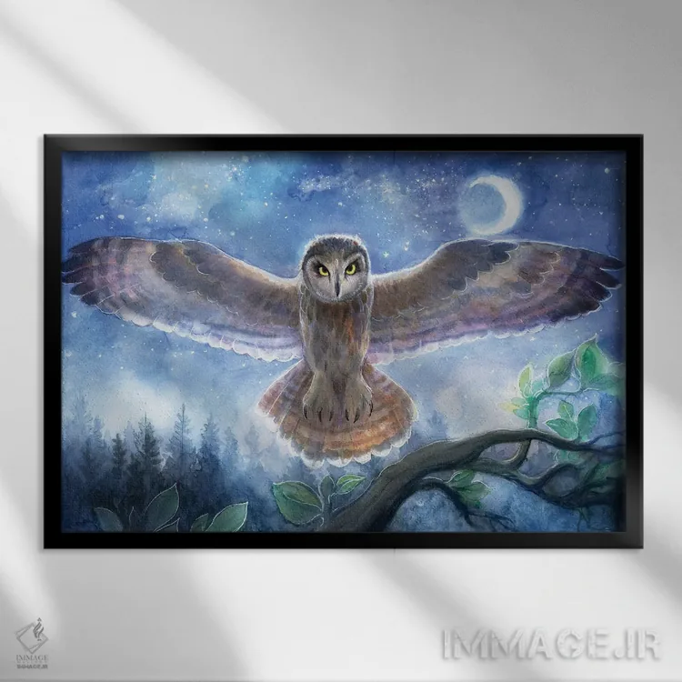 تابلو جغد روحانی اثر دیوید جواکین - نمای قابدار مشکی