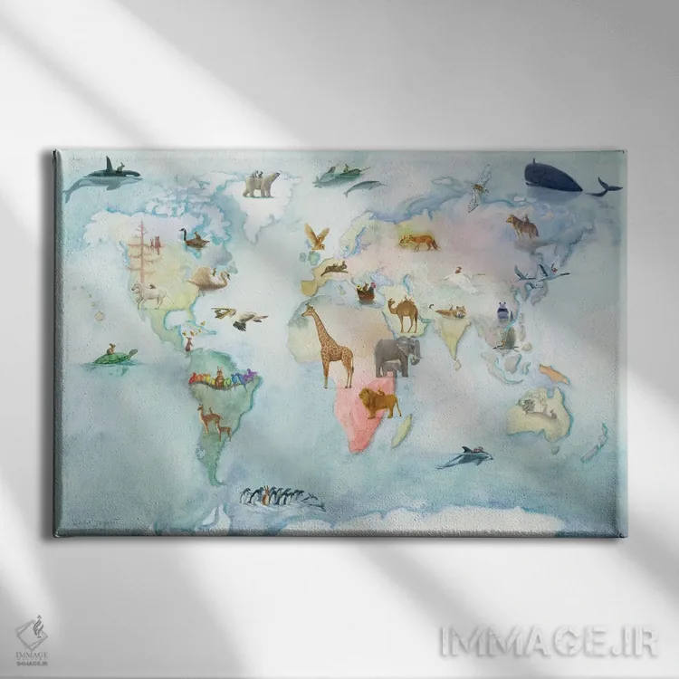 تابلو نقشهٔ ماجراجویی جهان اثر دیوید جواکین - نمای روبهرو روی دیوار