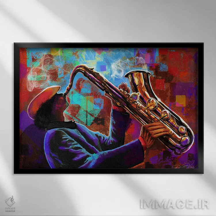 تابلو واقعاً ساکسدار (بازی با واژه "ساکس" به معنای ساکسفون) اثر دیانجی - نمای قابدار مشکی