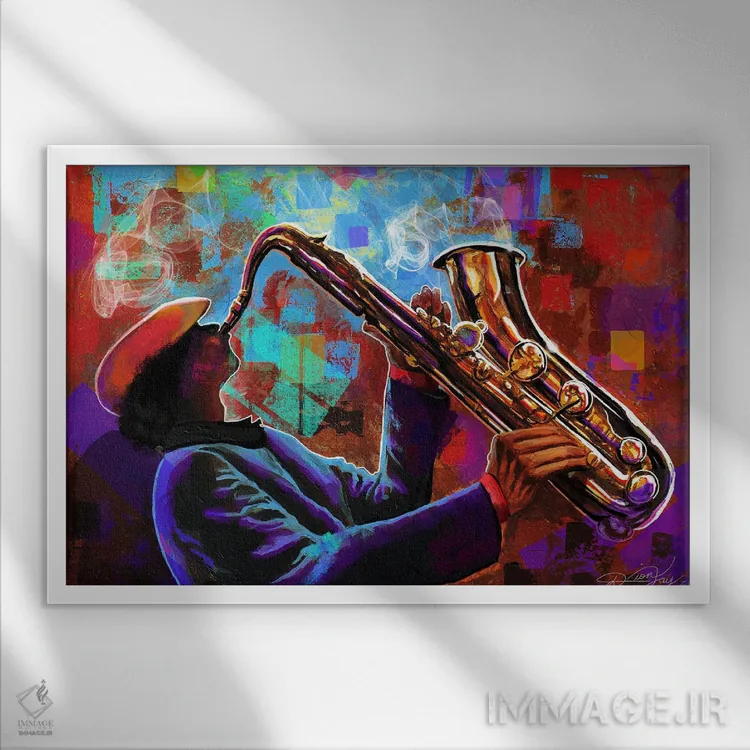 تابلو واقعاً ساکسدار (بازی با واژه "ساکس" به معنای ساکسفون) اثر دیانجی - نمای قابدار سفید