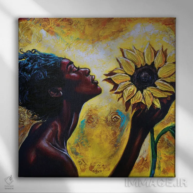 تابلو دختر گل آفتابگردان (مجموعه گلدختر) اثر دیانجی - نمای روبهرو روی دیوار