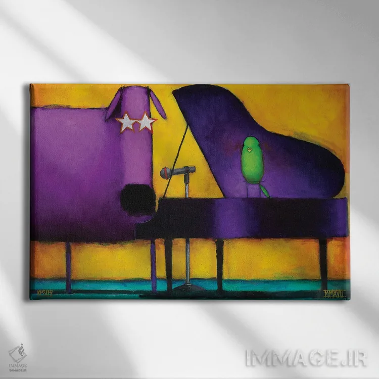 تابلو سگ پیانویی پرزرق و برق اثر دنیل پاتریک کسلر - نمای روبهرو روی دیوار