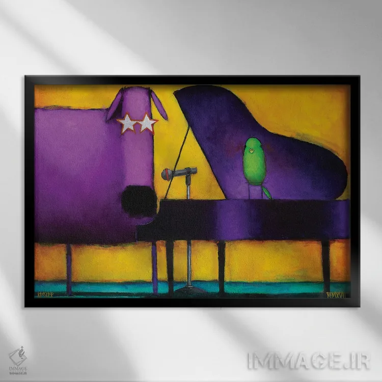 تابلو سگ پیانویی پرزرق و برق اثر دنیل پاتریک کسلر - نمای قابدار مشکی