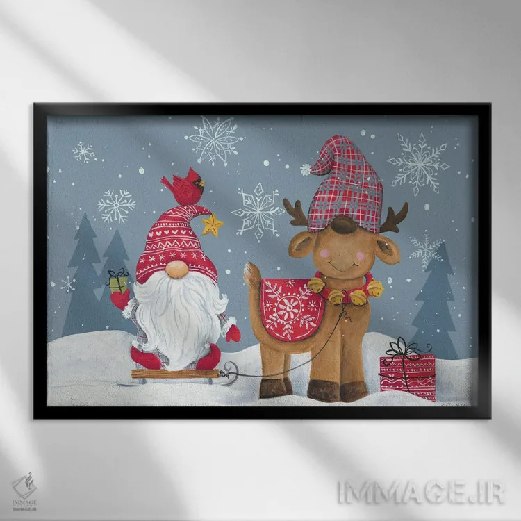 تابلو کوتوله برفی با گوزن شمالی اثر دایان کاتر - نمای قابدار مشکی