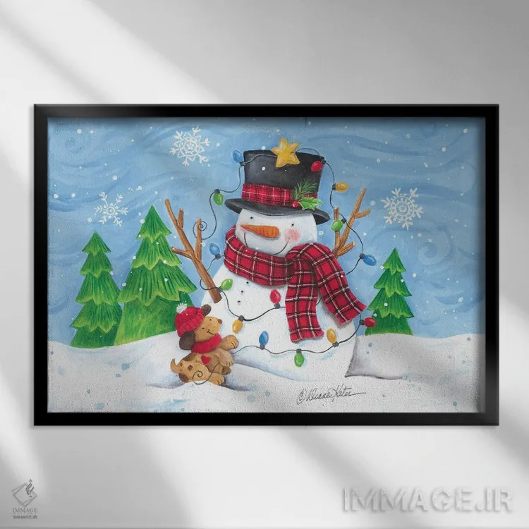 تابلو آدمبرفی و چراغهای کریسمس اثر دایان کاتر - نمای قابدار مشکی