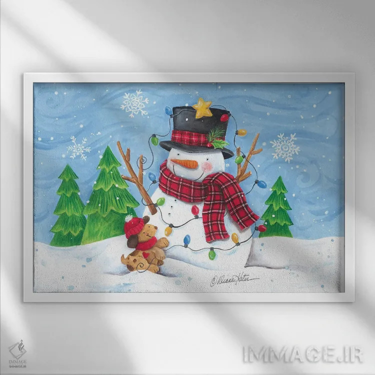 تابلو آدمبرفی و چراغهای کریسمس اثر دایان کاتر - نمای قابدار سفید