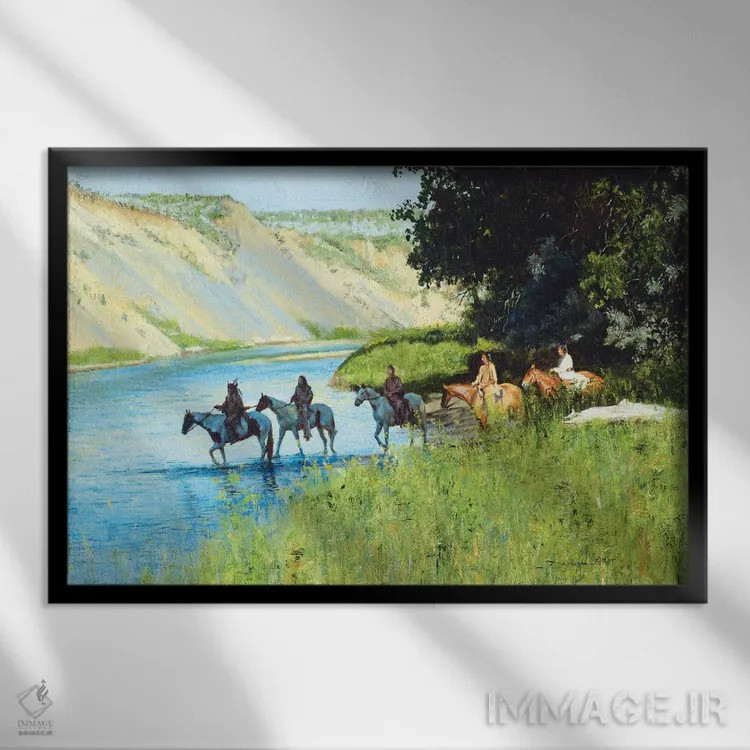 تابلو عبور از رودخانه لیتل بیگهورن (آمریکا) اثر دیوید ادوارد کوسرا - نمای قابدار مشکی