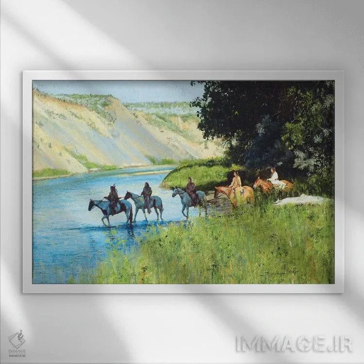 تابلو عبور از رودخانه لیتل بیگهورن (آمریکا) اثر دیوید ادوارد کوسرا - نمای قابدار سفید