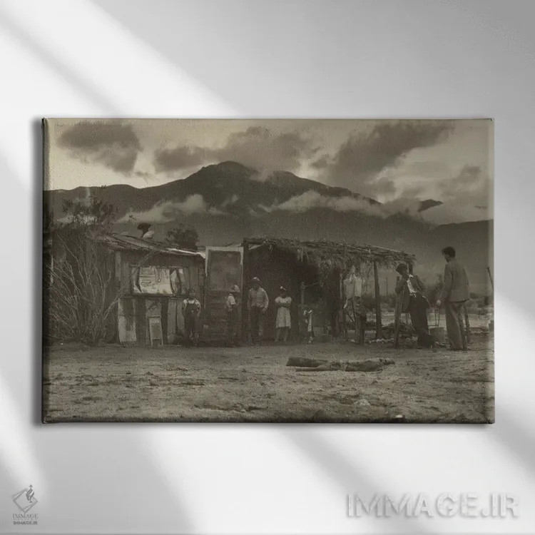 تابلو گفتوگوی پل شاستر تیلور با کارگران مهاجر، دره امپریال، کالیفرنیا، آمریکا اثر دوروتیا لنگ (عکاس مستند آمریکایی) - نمای روبهرو روی دیوار