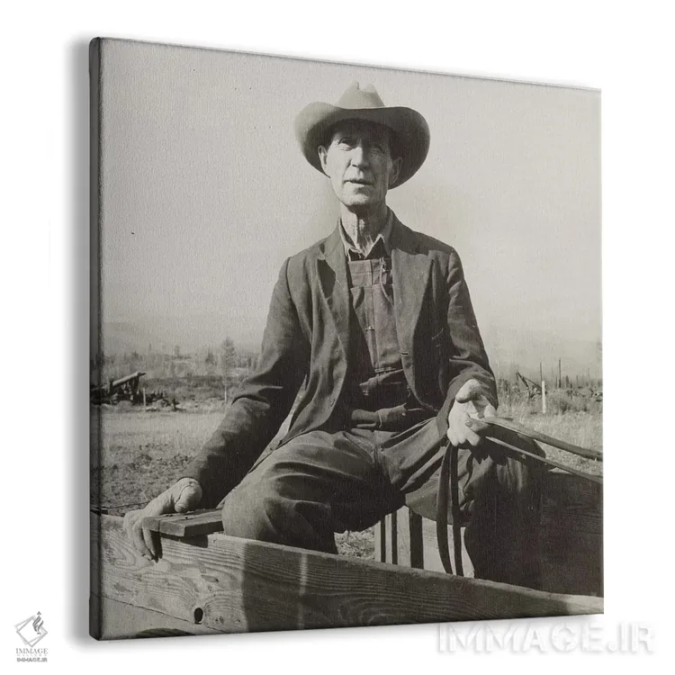 تابلو کشاورز سابق نبراسکا که حالا زمینهای قطعشده را توسعه میدهد، بونر کانتی، آیداهو، آمریکا اثر دوروتیا لنگ (عکاس مستند آمریکایی) - نمای پرسپکتیو محصول