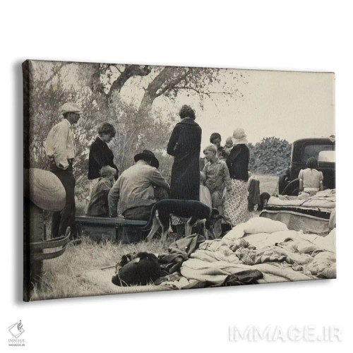 تابلو پناهندگان فقیر اوکلاهما در امتداد بزرگراه، نزدیک بیکرزفیلد، کالیفرنیا، آمریکا اثر دوروتیا لنگ (عکاس مستند آمریکایی) - نمای پرسپکتیو محصول