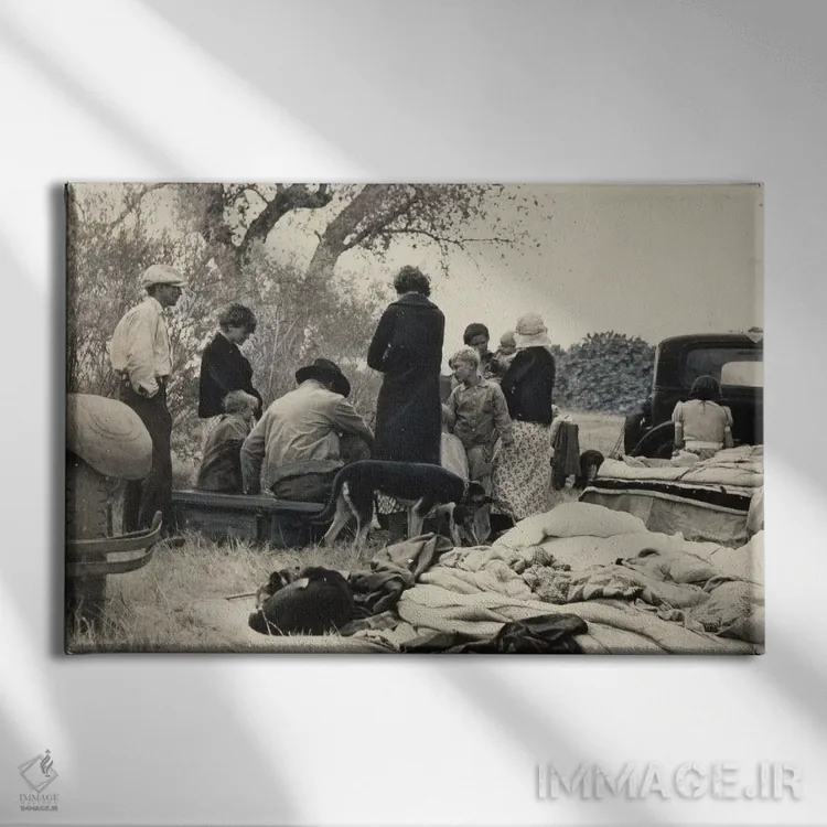تابلو پناهندگان فقیر اوکلاهما در امتداد بزرگراه، نزدیک بیکرزفیلد، کالیفرنیا، آمریکا اثر دوروتیا لنگ (عکاس مستند آمریکایی) - نمای روبهرو روی دیوار