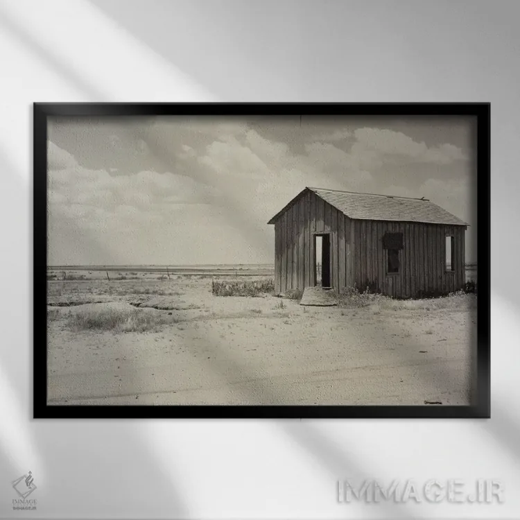 تابلو خانهٔ متروکه به علت خشکسالی در حاشیه دشتهای بزرگ، هالیس، اوکلاهما، آمریکا اثر دوروتیا لنگ (عکاس مستند آمریکایی) - نمای قابدار مشکی