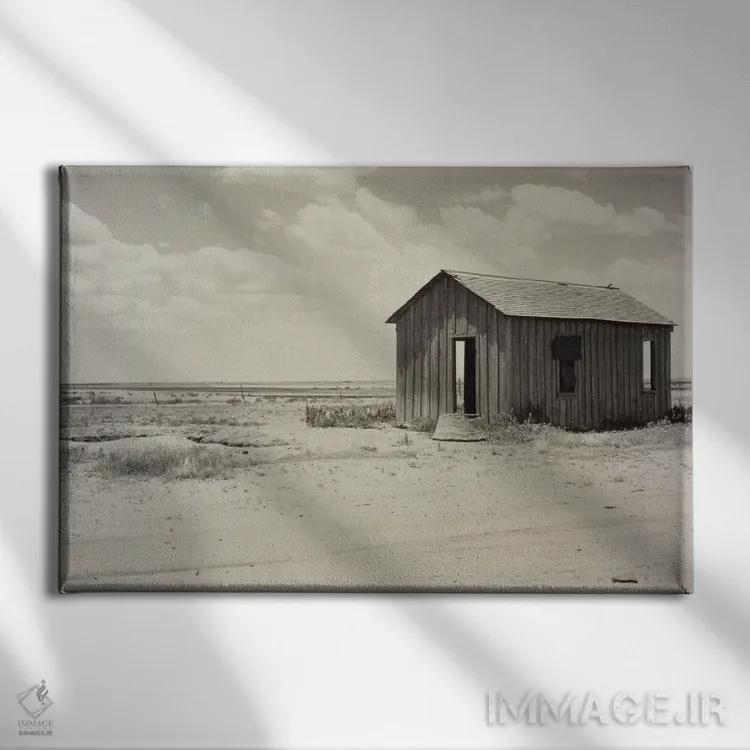 تابلو خانهٔ متروکه به علت خشکسالی در حاشیه دشتهای بزرگ، هالیس، اوکلاهما، آمریکا اثر دوروتیا لنگ (عکاس مستند آمریکایی) - نمای روبهرو روی دیوار