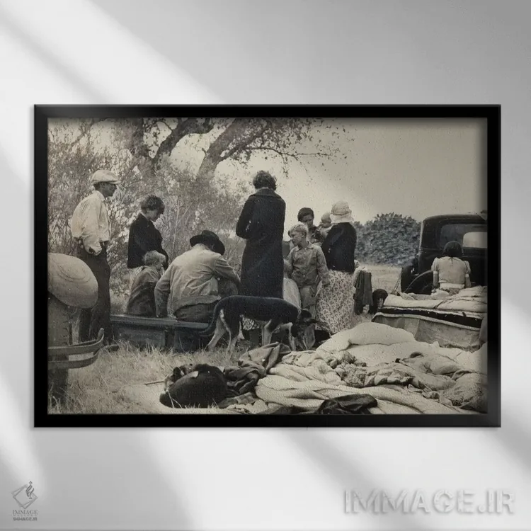 تابلو پناهندگان فقیر اوکلاهما در امتداد بزرگراه، نزدیک بیکرزفیلد، کالیفرنیا، آمریکا اثر دوروتیا لنگ (عکاس مستند آمریکایی) - نمای قابدار مشکی