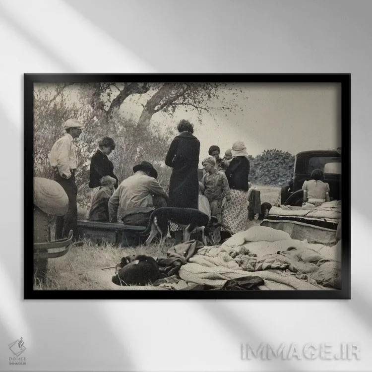 تابلو پناهندگان فقیر اوکلاهما در امتداد بزرگراه، نزدیک بیکرزفیلد، کالیفرنیا، آمریکا اثر دوروتیا لنگ (عکاس مستند آمریکایی) - نمای قابدار مشکی