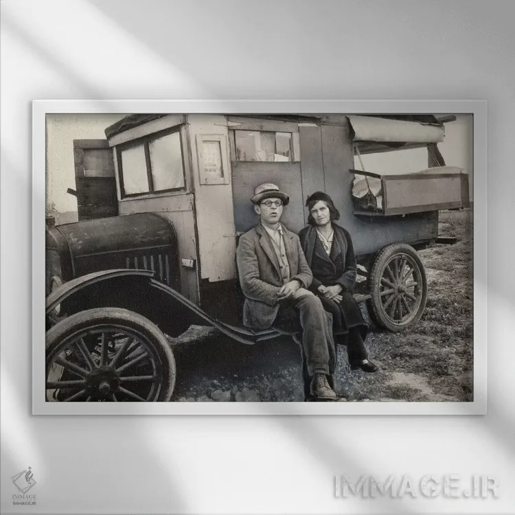 تابلو چینندگان نخود در کالیفرنیا (مادرم، من از کالیپاتریا تا اوکایا نخود چیدهام. این زندگی ساده و خلاصه است.) اثر دوروتیا لنگ (عکاس مستند آمریکایی) - نمای قابدار سفید