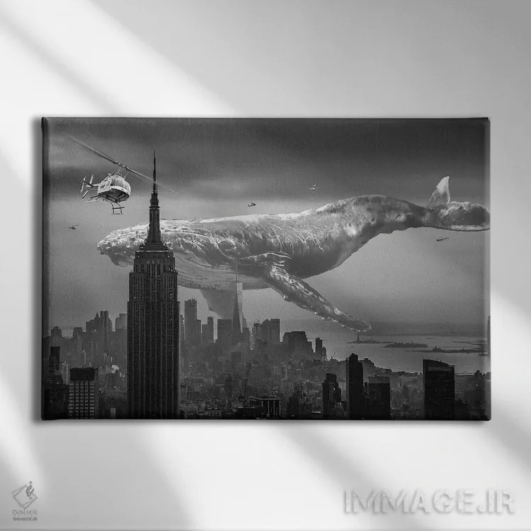 تابلو نهنگ غولپیکر بالای نیویورک اثر دیوید لوبلاو - نمای روبهرو روی دیوار