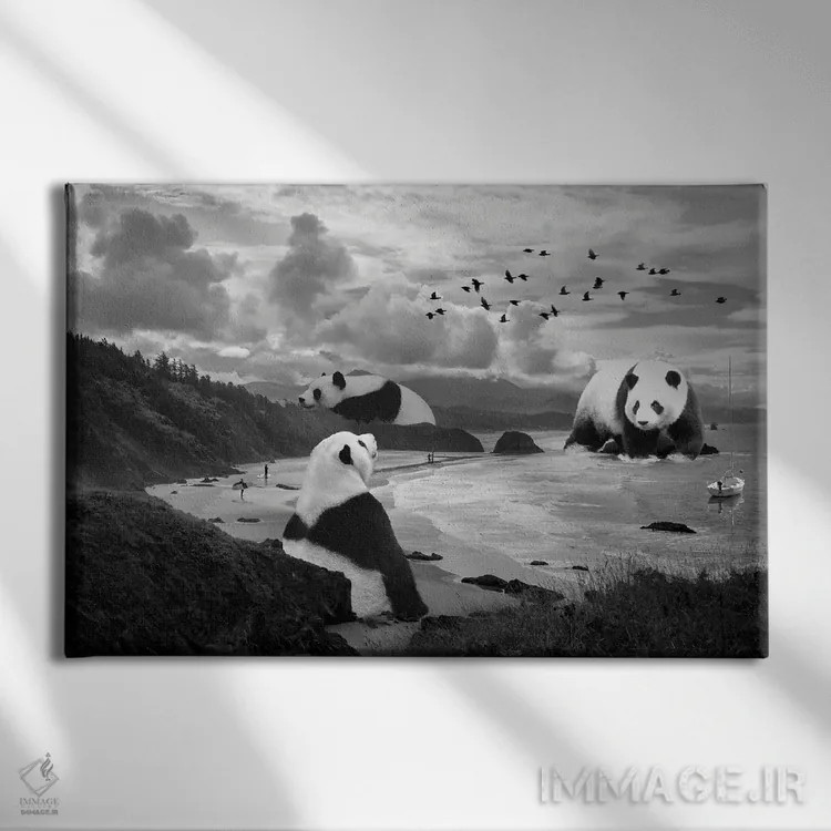 تابلو پاندای غولپیکر در کنار ساحل اثر دیوید لوبلاو - نمای روبهرو روی دیوار