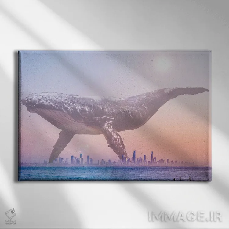 تابلو نهنگ عظیم بر فراز شهر ساحلی مهآلود اثر دیوید لوبلاو - نمای روبهرو روی دیوار